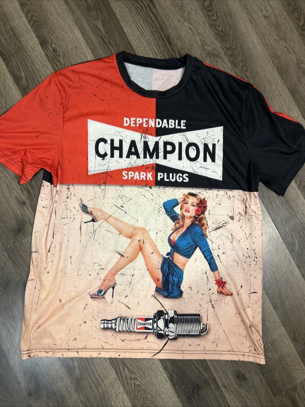 Champion Spark Plugs Dependable Pin Up Girl Double Sided T-Shirt Tee (S) Small